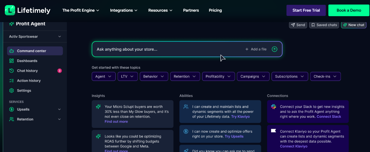  Lifetimely Profit Agent chat interface surfacing LTV, retention, and profitability insights for a Shopify store