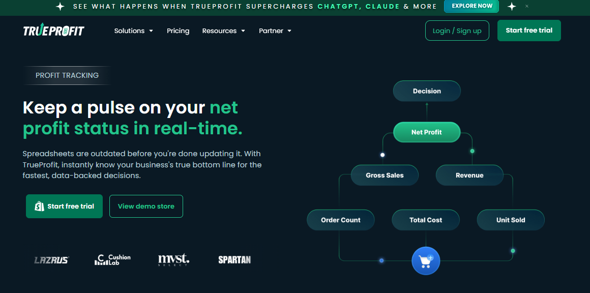 TrueProfit profit tracking page mapping gross sales, revenue, and total cost into a real-time net profit figure