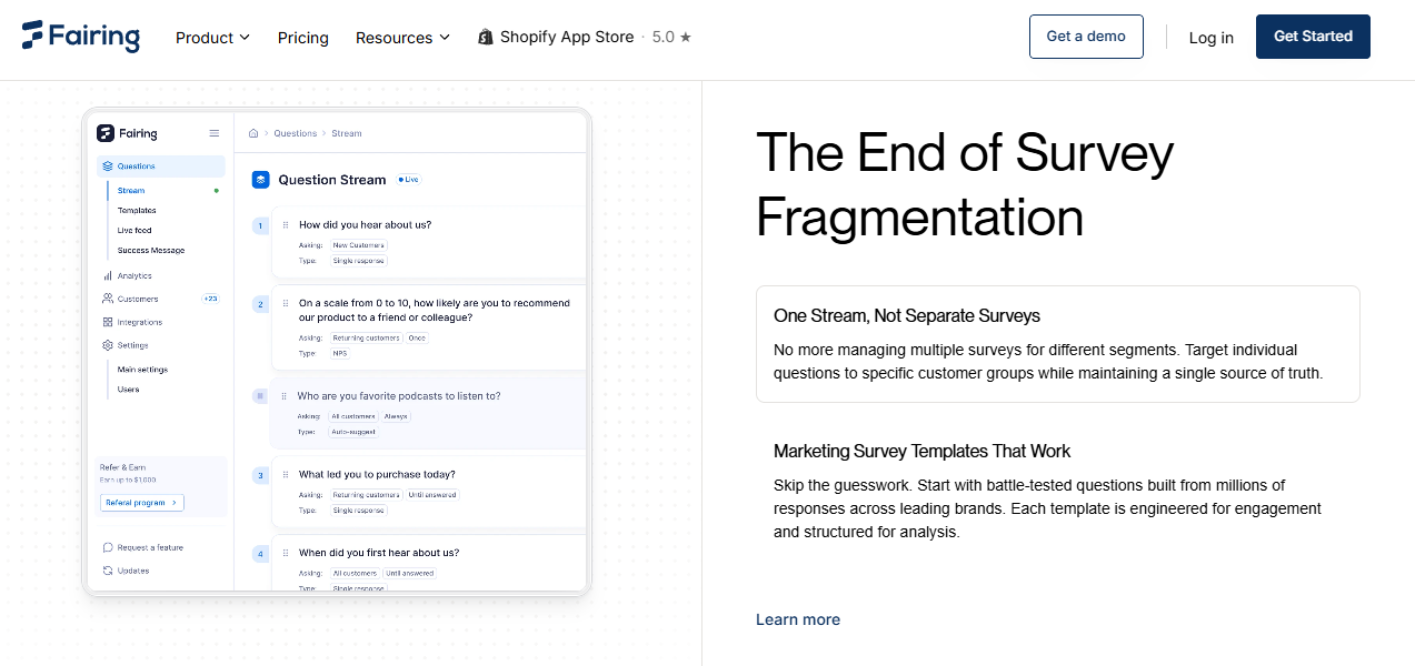  Fairing post-purchase survey question stream collecting zero-party attribution data inside a single Shopify workflow
