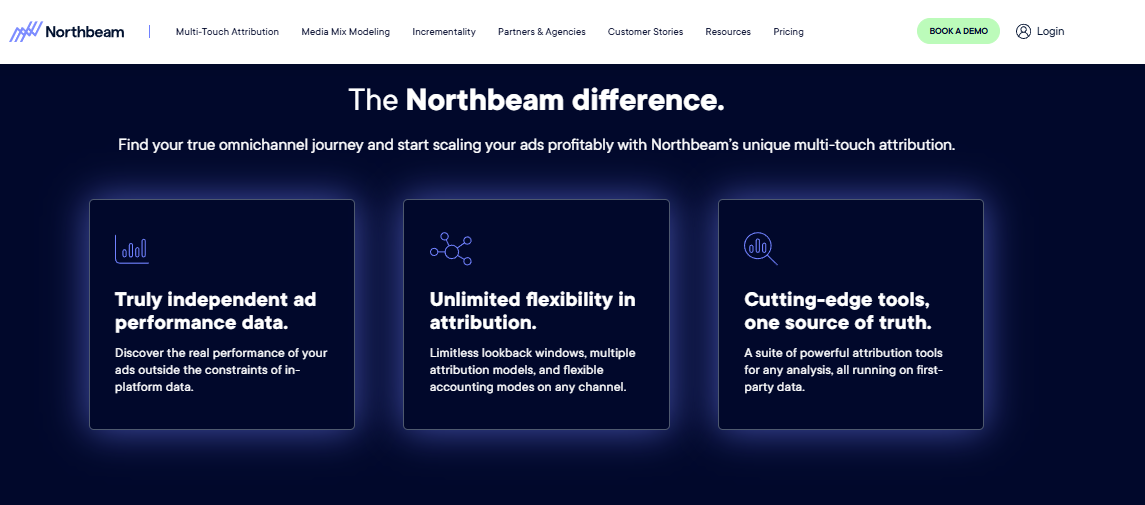  Northbeam page explaining independent ad performance data, flexible attribution windows, and first-party tools