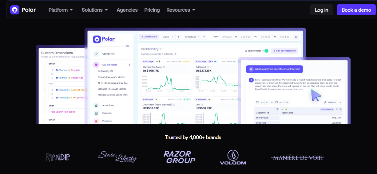 Polar Analytics profitability dashboard showing blended net sales, ad spend, gross profit, and AI query