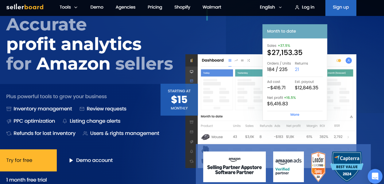  Sellerboard Amazon profit dashboard showing sales, orders, returns, ad cost, and per-SKU net profit