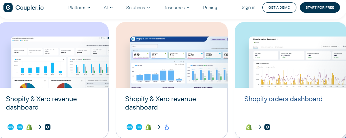 Coupler.io dashboard templates connecting Shopify and Xero revenue data into Looker Studio and Sheets reports