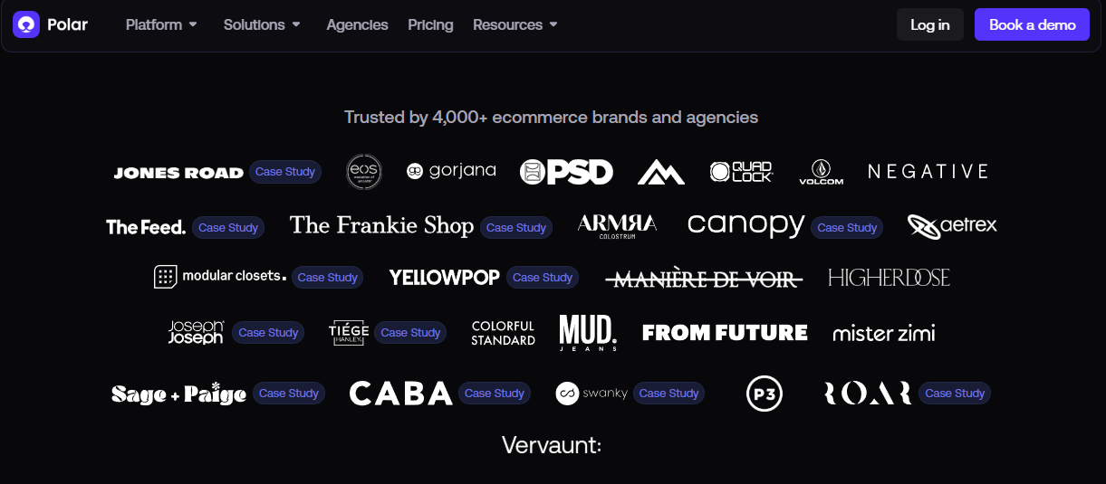 Polar Analytics customer wall showing thousands of ecommerce brands including Jones Road, Volcom and Quad Lock