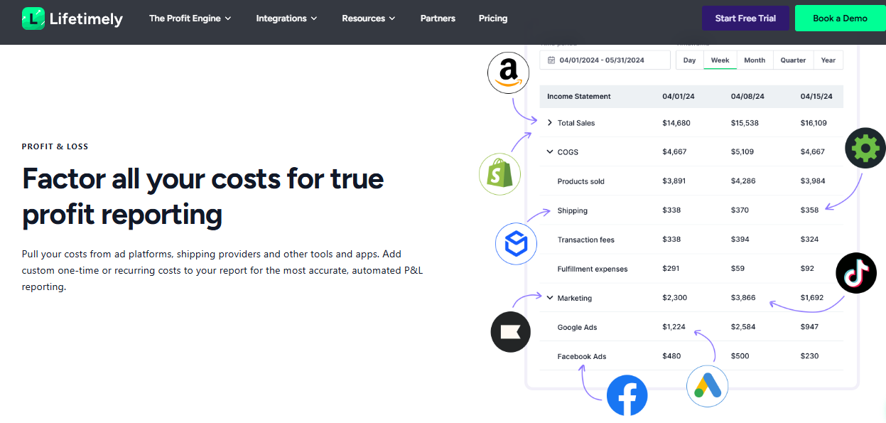  Lifetimely profit and loss report pulling Amazon, Shopify, shipping and ad costs into one income statement