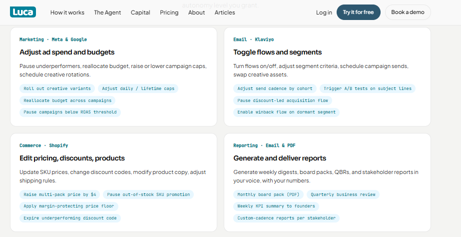  Luca AI action cards for ad budget changes, Klaviyo flows, Shopify pricing edits and scheduled reports