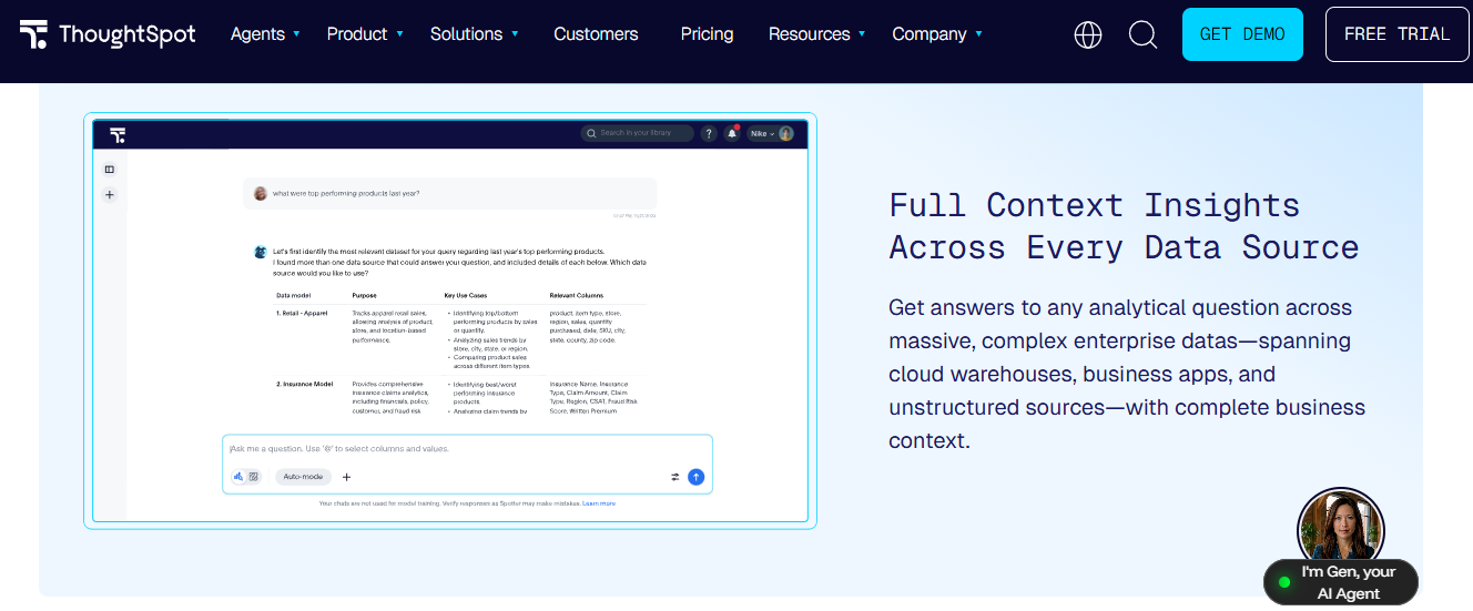 ThoughtSpot Spotter chat answering a top-products question by choosing relevant retail and insurance data models.