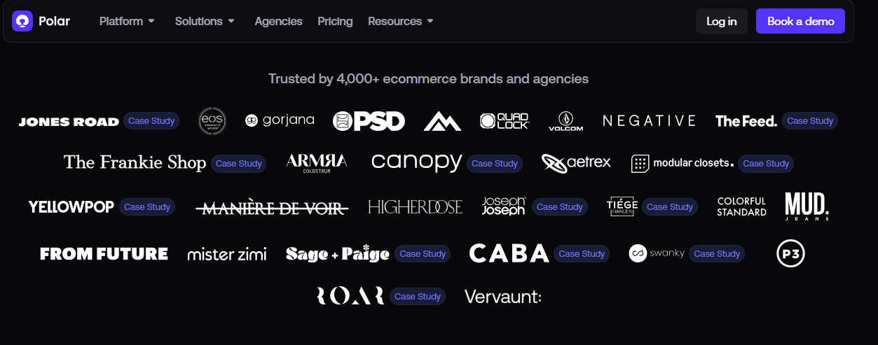 Polar Analytics customer wall featuring Jones Road, Volcom, Canopy, and other ecommerce brands and agencies.