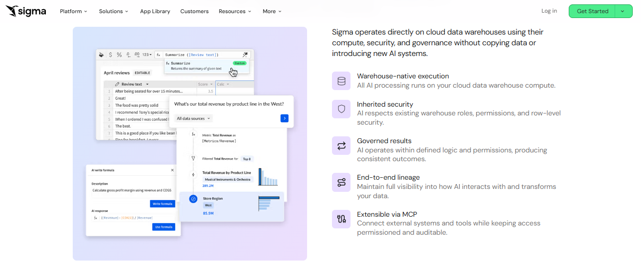  Sigma warehouse-native AI answering a revenue question and writing a gross margin formula on cloud data.