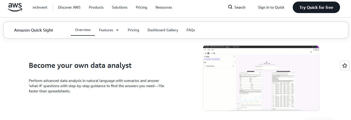  Amazon QuickSight natural language scenarios answering what-if questions with step-by-step guidance on sales data.