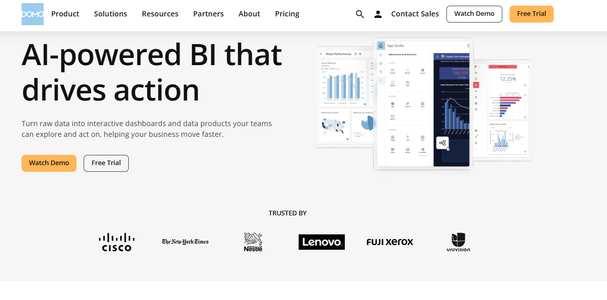 Domo AI-powered BI homepage showing interactive retail dashboards and enterprise customer logos