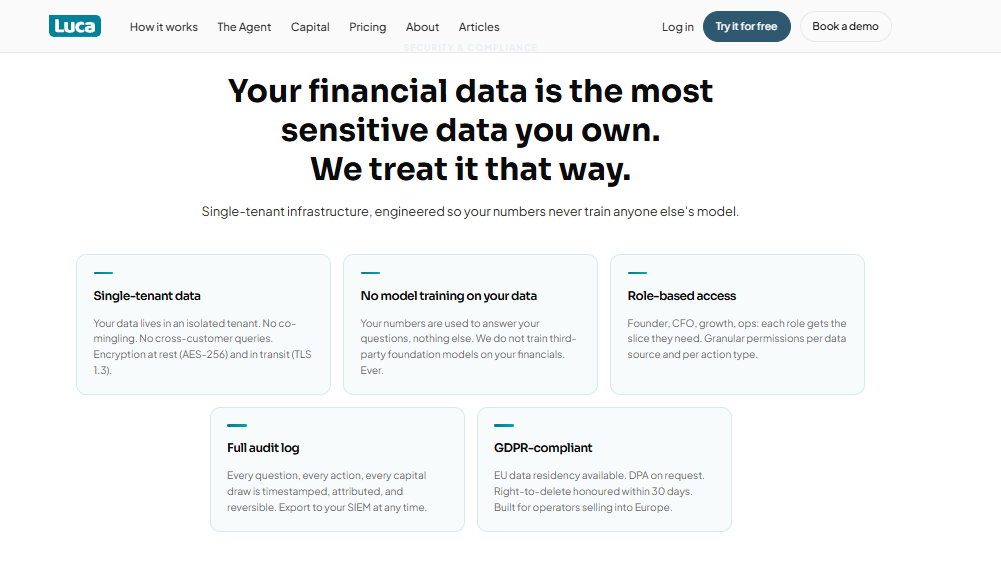  Luca AI keeps store financial data single-tenant, audited and never used for model training.