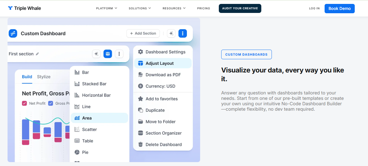 Triple Whale no-code dashboard builder with bar, line, area, scatter and table chart type options