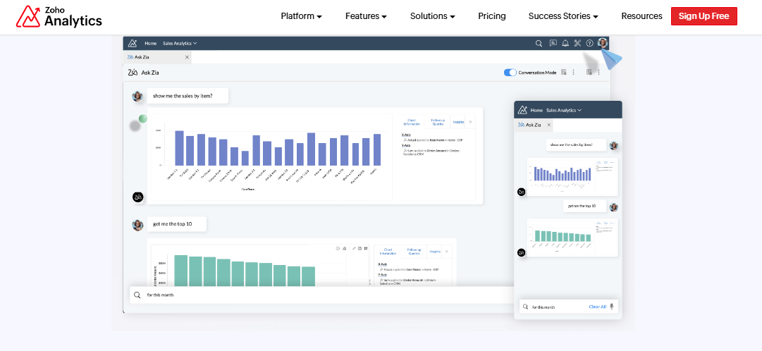  Zoho Analytics Ask Zia conversation turning sales questions into bar charts with follow-up query suggestions