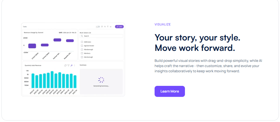 Tellius visualization workspace building revenue-by-channel charts with AI-generated narrative summary panel