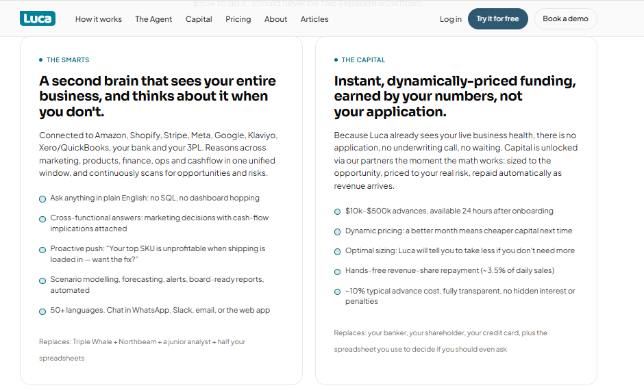 Luca AI cards showing cross-functional ecommerce reasoning and instant dynamically-priced capital for store owners
