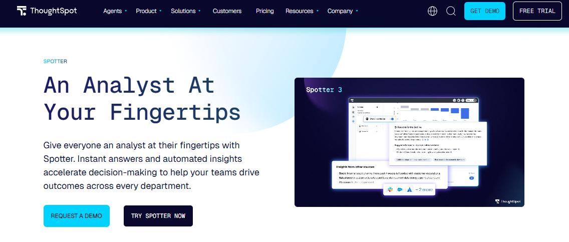  ThoughtSpot Spotter agent page promising instant answers and automated insights for every department