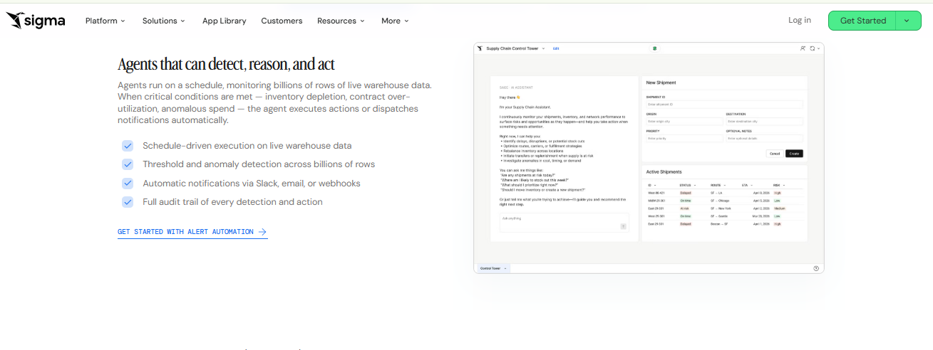 Sigma Computing agents page describing schedule-driven detection, anomaly thresholds, and automatic Slack notifications