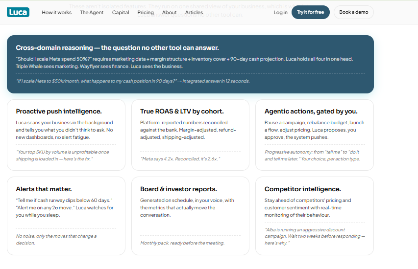 Luca AI feature grid showing cross-domain reasoning, proactive push intelligence, and approval-gated agentic actions