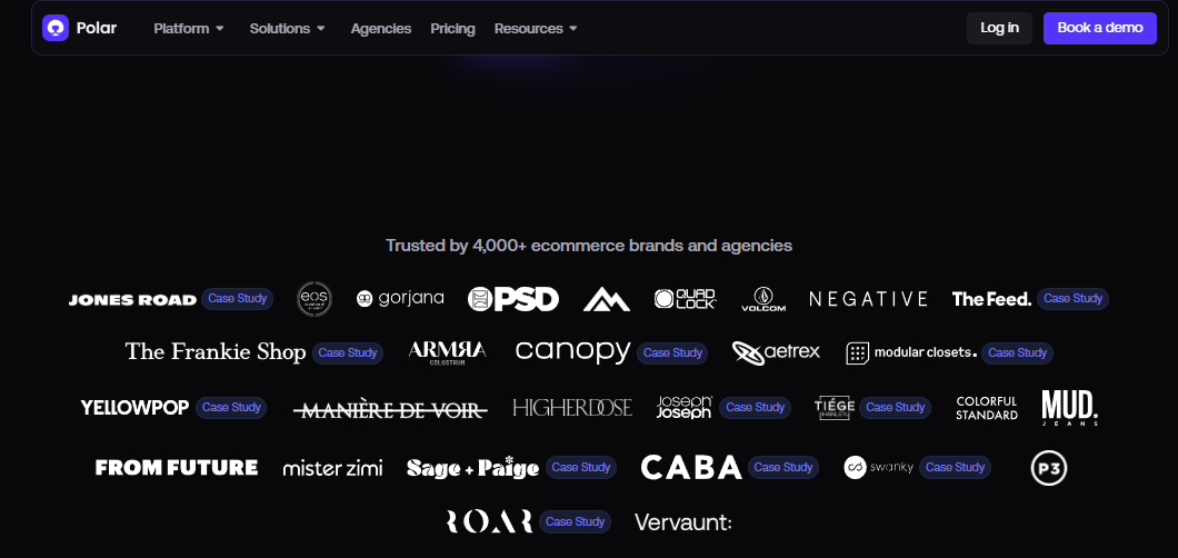 Polar Analytics logo wall showing 4,000+ ecommerce brands and agencies using its Shopify analytics platform