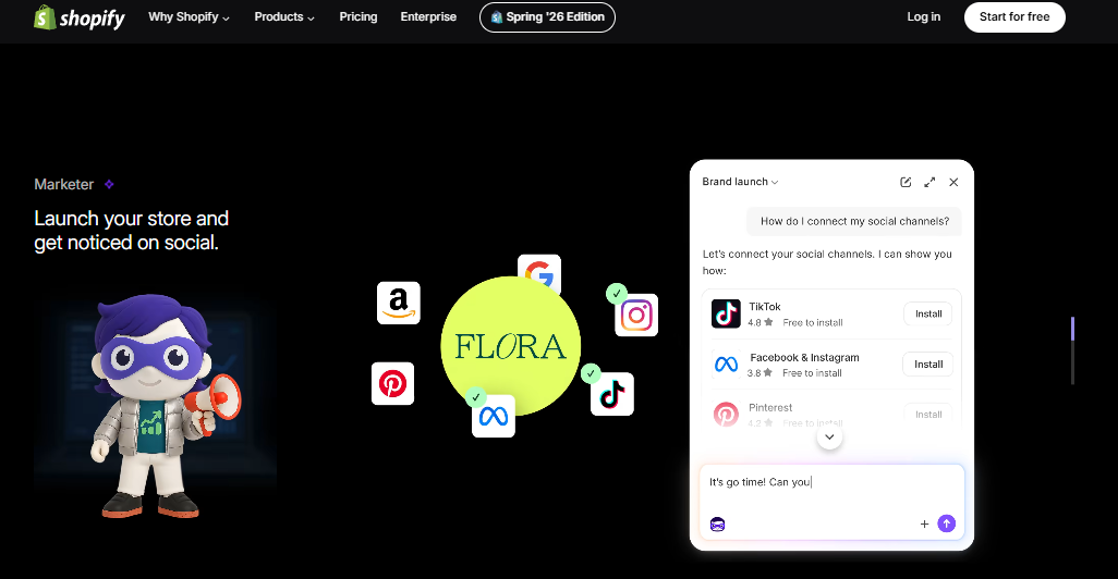 Shopify Sidekick marketer chat suggesting TikTok, Facebook, Instagram, and Pinterest channel connections inside the admin
