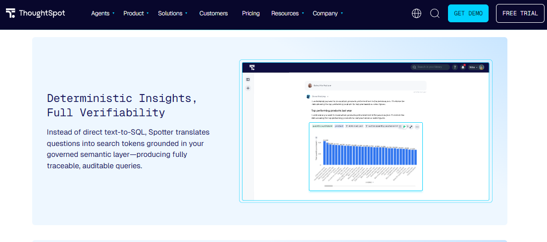 ThoughtSpot Spotter page explaining auditable queries grounded in a governed semantic layer, not direct text-to-SQL