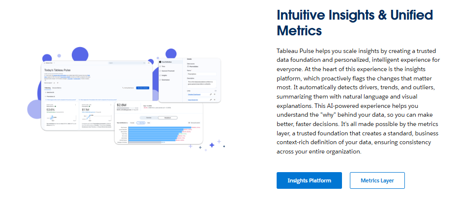 Tableau Pulse page describing automated metric digests, natural-language summaries, and its governed metrics layer