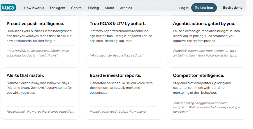 Luca AI feature cards showing proactive push intelligence, reconciled ROAS and LTV by cohort, and gated agentic actions