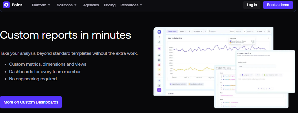  Polar Analytics custom report builder creating new versus returning customer metrics and dimensions without engineering