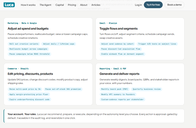  Luca AI dashboard listing approval-gated agent actions across Meta ads, Klaviyo flows, Shopify pricing, and reports