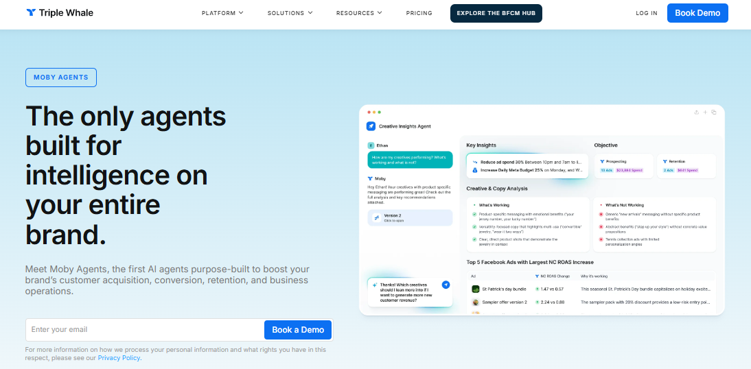 Triple Whale Moby Agents page showing a creative insights agent analyzing Meta ad spend, ROAS, and copy performance