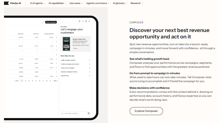 Klaviyo AI Composer screen suggesting next best revenue opportunities and building launch-ready email campaigns