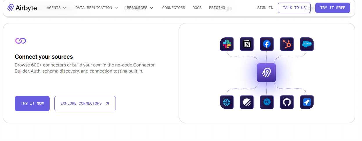 Airbyte connect your sources page showing 600+ connectors linking Slack, Facebook, Salesforce, and Snowflake