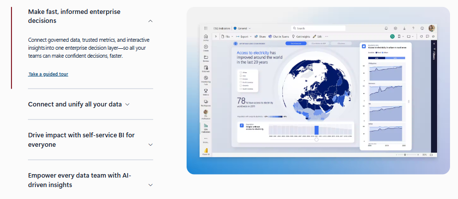Microsoft Power BI enterprise decision layer page showing a global ESG indicators dashboard