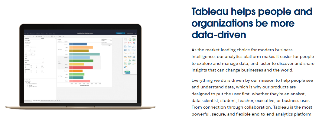 Tableau business intelligence page showing a bar chart dashboard on a laptop for data-driven teams