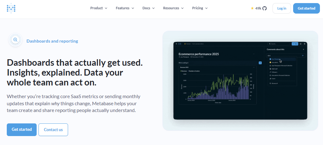 Metabase dashboards and reporting page showing an ecommerce performance dashboard with team comments