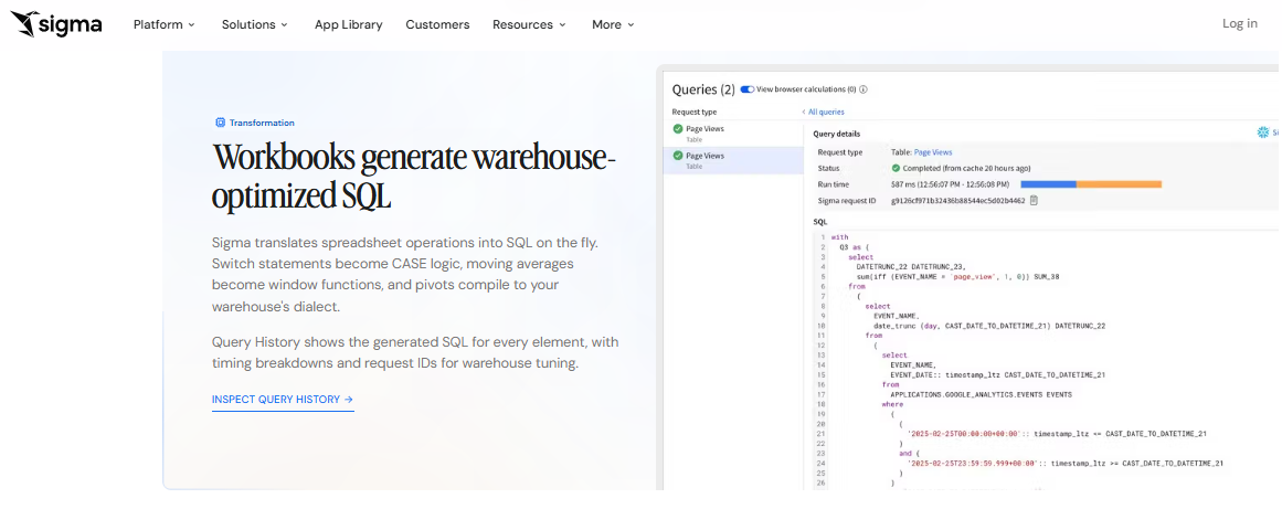 Sigma workbooks page showing generated warehouse-optimized SQL and query history for page view data