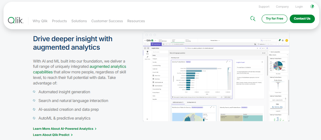 Qlik augmented analytics page showing automated insight generation and natural language sales dashboard
