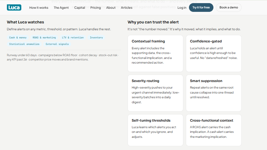 Luca AI alert settings showing contextual framing, confidence gating, and cross-functional context cards