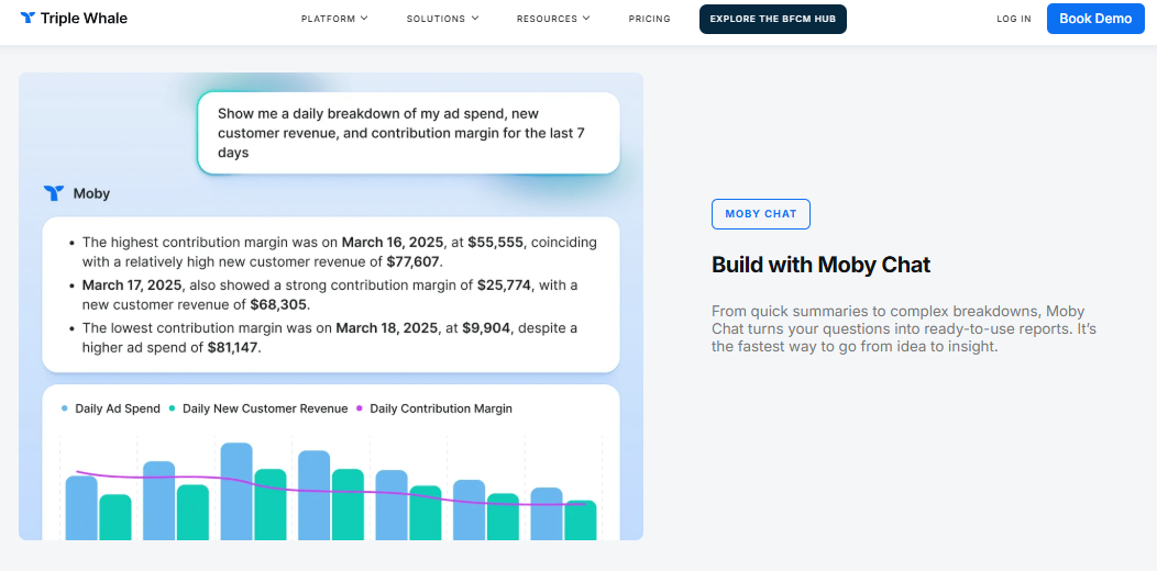 Triple Whale Moby Chat answering an ad spend and contribution margin question with a daily trend chart