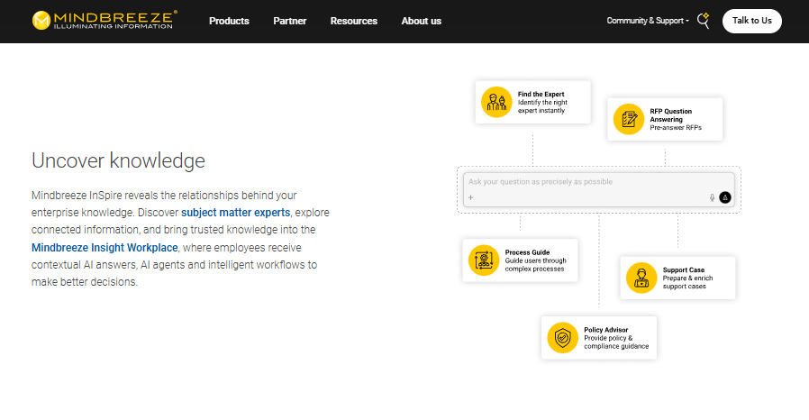 Mindbreeze InSpire question box surrounded by expert finder, RFP answering, process guide, and policy advisor cards