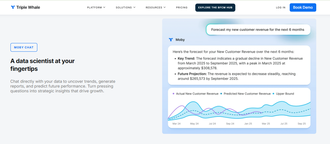 Triple Whale Moby Chat forecasting new customer revenue for six months inside a self service analytics dashboard
