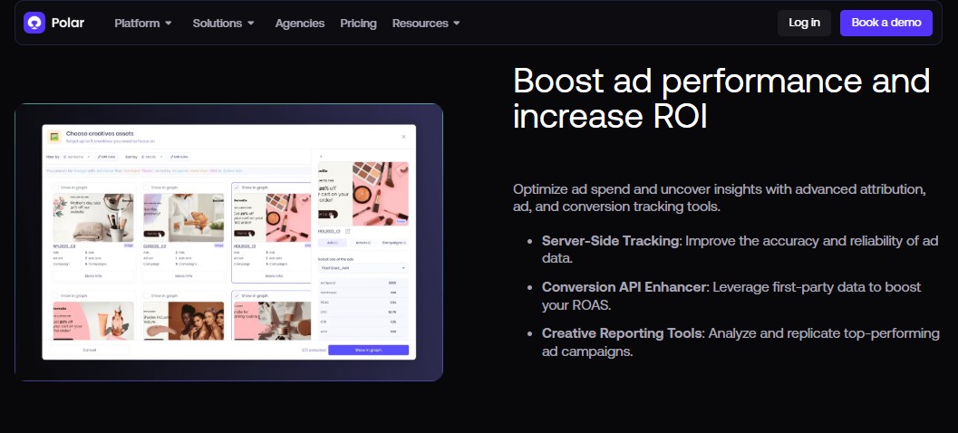 Polar Analytics creative reporting screen with server-side tracking and conversion API features for DTC ad performance