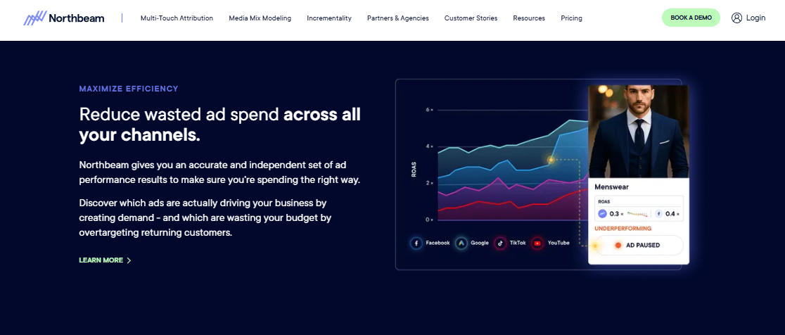 Northbeam multi-touch attribution chart showing ROAS trends across Facebook, Google, TikTok and YouTube channels