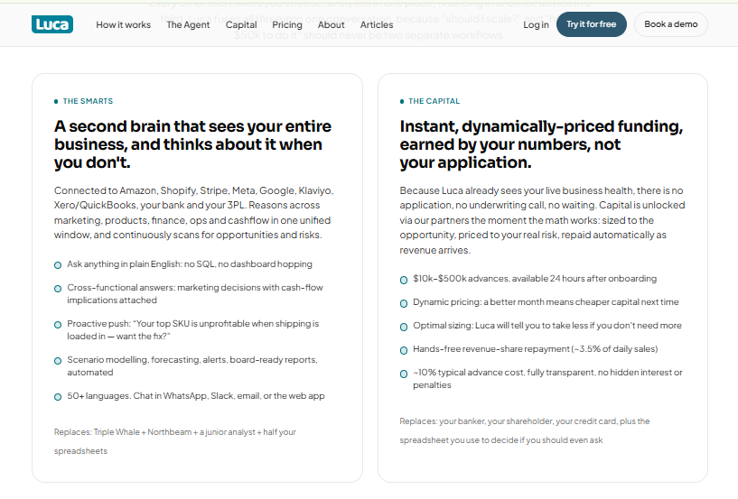 Luca AI no code analytics platform panels showing plain-English insights and instant dynamically-priced ecommerce funding