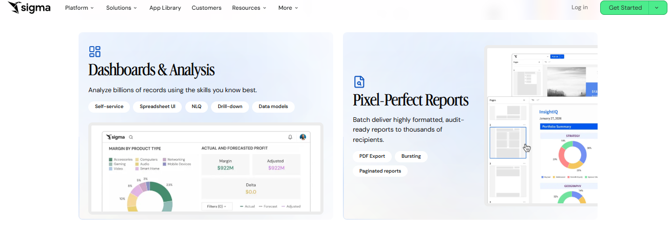 Sigma Computing spreadsheet-style dashboards and pixel-perfect reports built on live warehouse data