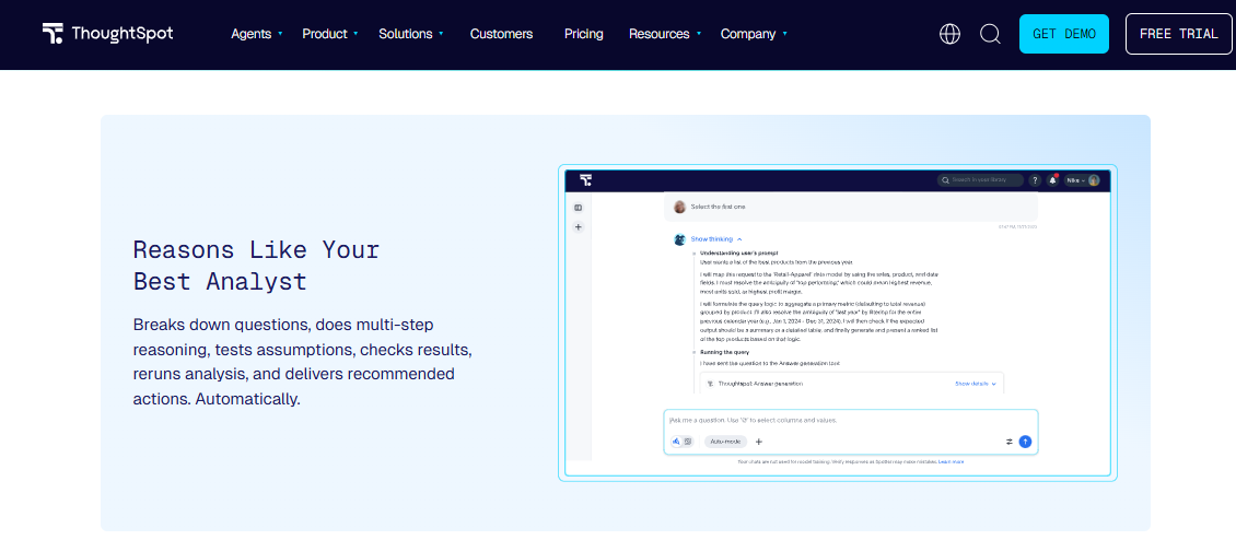ThoughtSpot AI agent reasoning through a multi-step product margin question and recommended actions