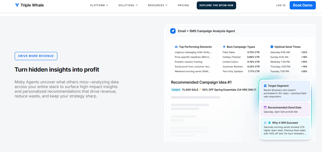 Triple Whale Moby Agents surfacing email and SMS campaign insights with recommended send times and segments