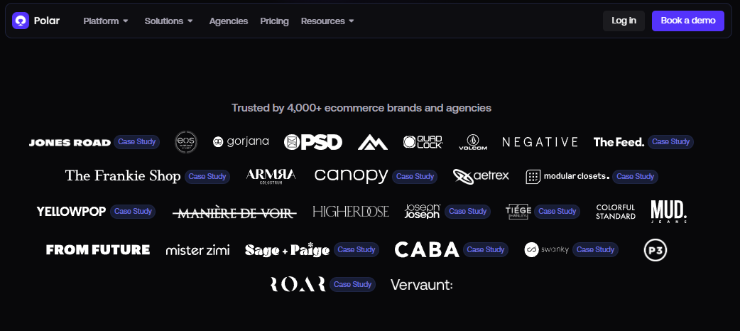 Polar Analytics customer wall showing over 4,000 ecommerce brands and agencies with linked case studies