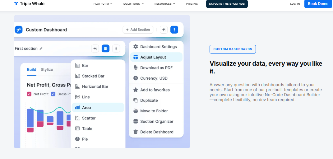 Triple Whale custom dashboard builder with bar, line, area and table chart options for net profit reporting